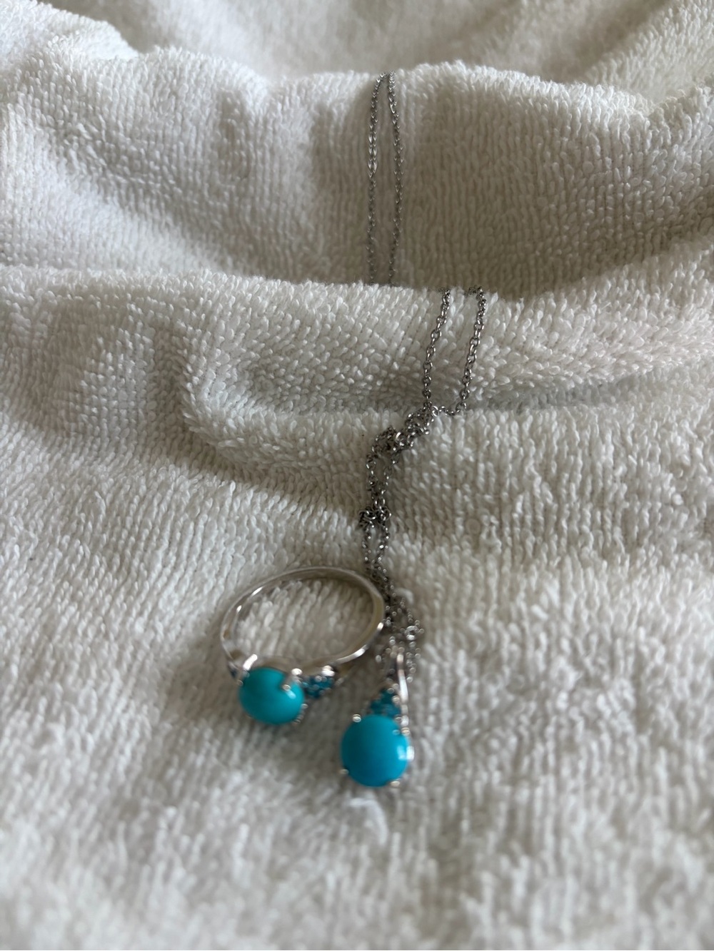 Turquoise Silver Pendant Necklace and Ring Set - Women Jewelry